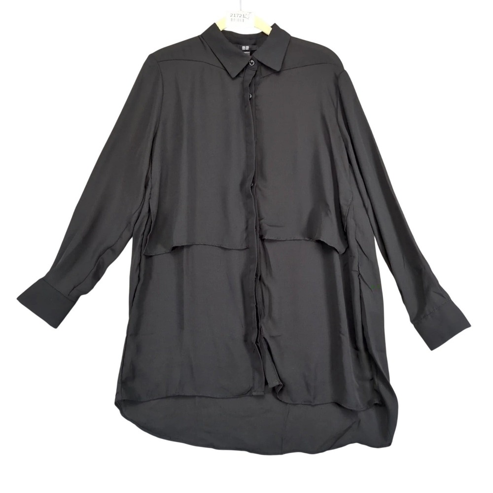 Uniqlo Black Chiffon Layered Tunic Blouse Womens XL High-Low Hem Sheer City Chic